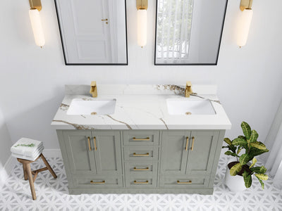 Boston 60 in. W x 22 in. D Double Sink Bathroom Vanity in Evergreen with 2 in Calacatta Gold Quartz Countertop - Top View