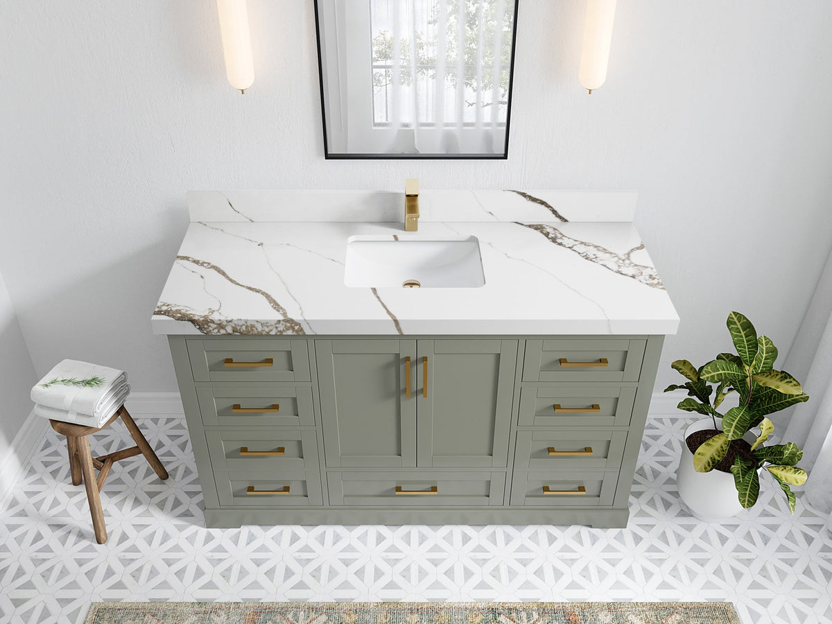 Boston 60 in. W x 22 in. D Single Sink Bathroom Vanity in Evergreen with 2 in Calacatta Gold Quartz Countertop - Top View