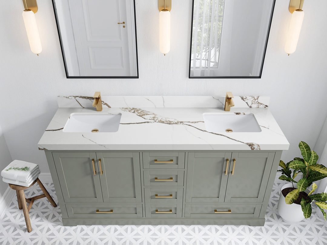 Boston 72 in. W x 22 in. D Double Sink Bathroom Vanity in Evergreen with 2 in Calacatta Gold Quartz Countertop - Top View