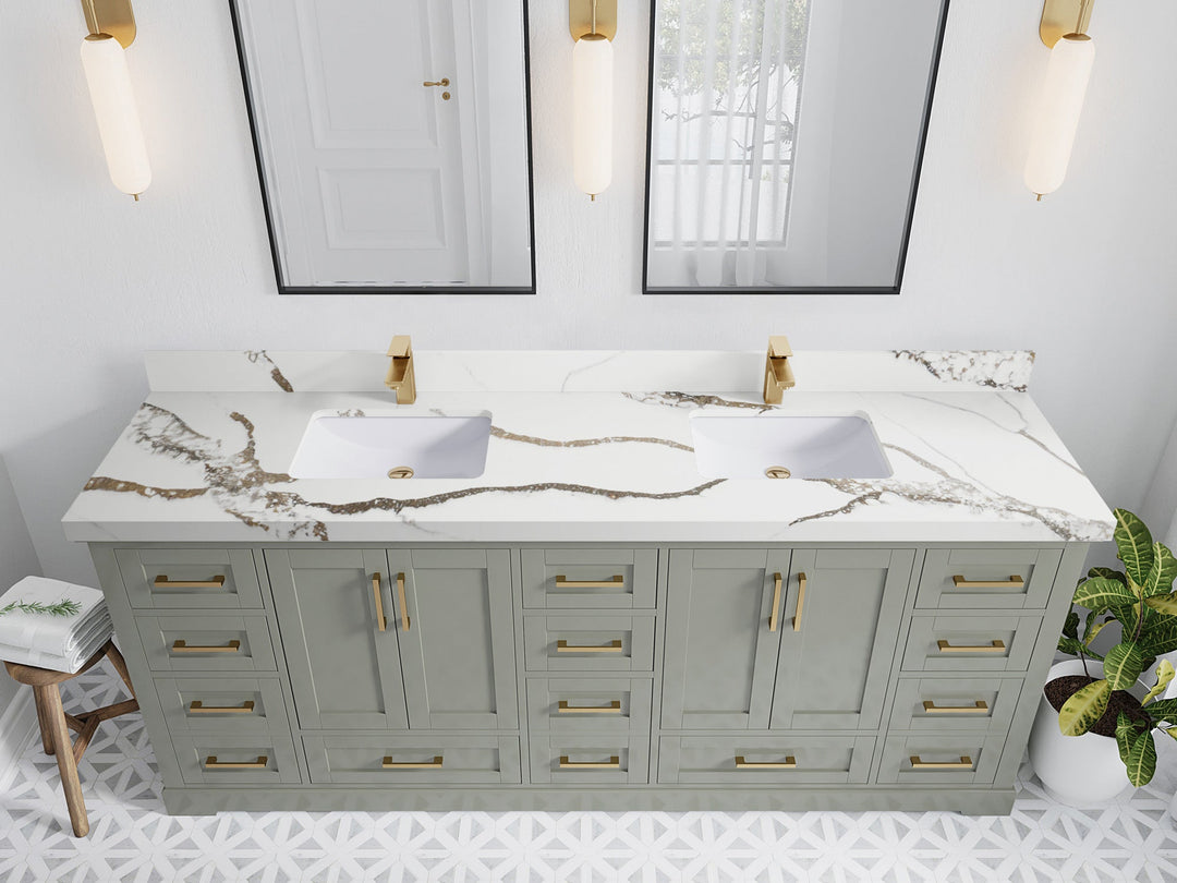 Boston 84 in. W x 22 in. D Double Sink Bathroom Vanity in Evergreen with 2 in Calacatta Gold Quartz Countertop - Top View