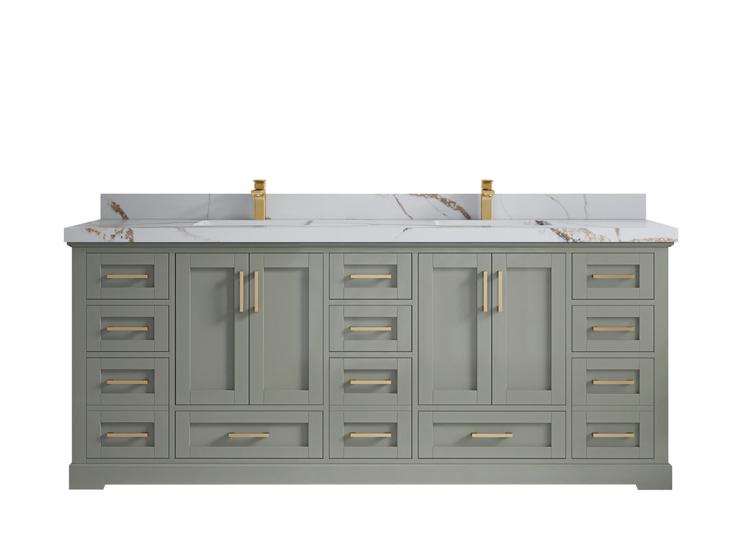 Boston 84 in. W x 22 in. D Double Sink Bathroom Vanity in Evergreen with 2 in Calacatta Gold Quartz Countertop