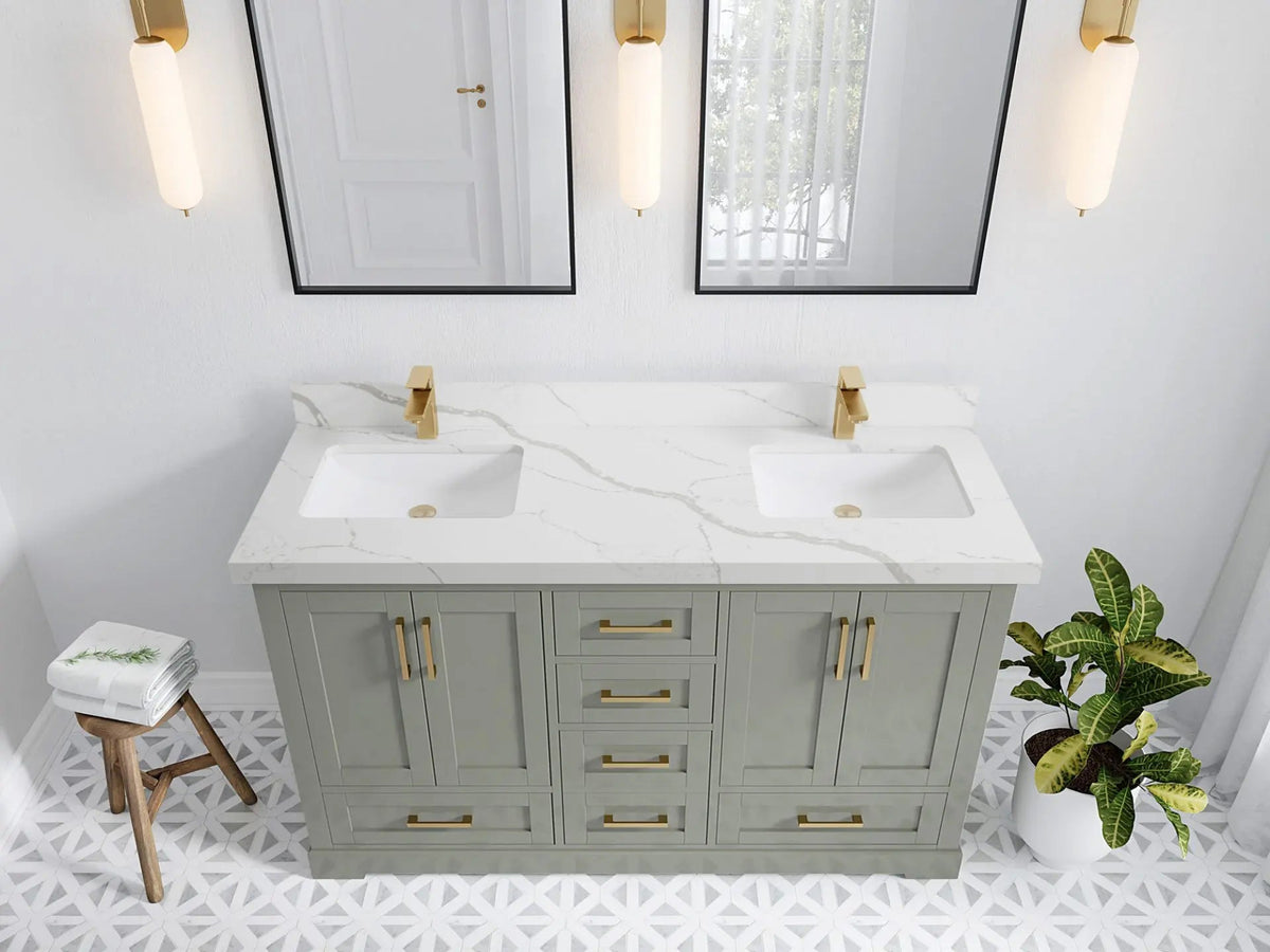 Boston 60 in. W x 22 in. D Double Sink Bathroom Vanity in Evergreen with 2 in Calacatta Laza Quartz Countertop - Top View
