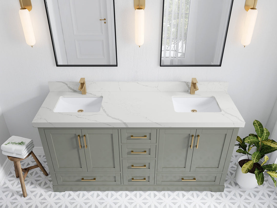 Boston 72 in. W x 22 in. D Double Sink Bathroom Vanity in Evergreen with 2 in Calacatta Laza Quartz Countertop - Top View