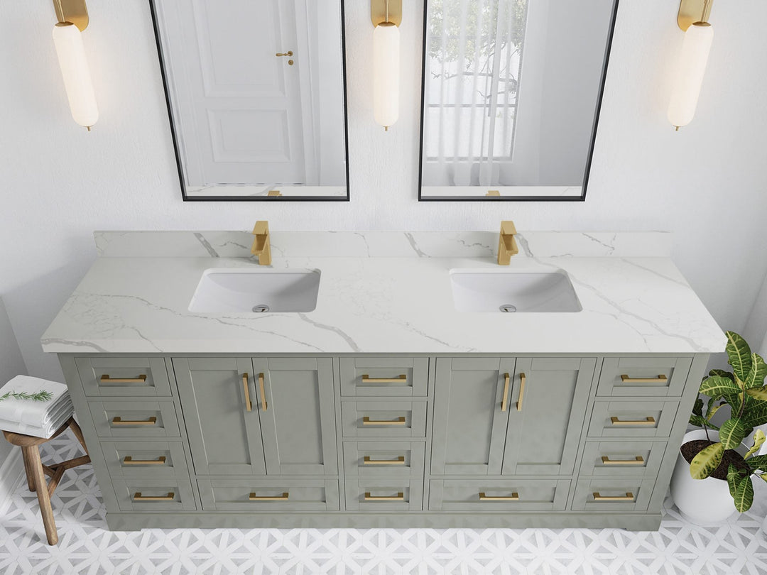 Boston 84 in. W x 22 in. D Double Sink Bathroom Vanity in Evergreen with 2 in Calacatta Laza Quartz Countertop - Top View
