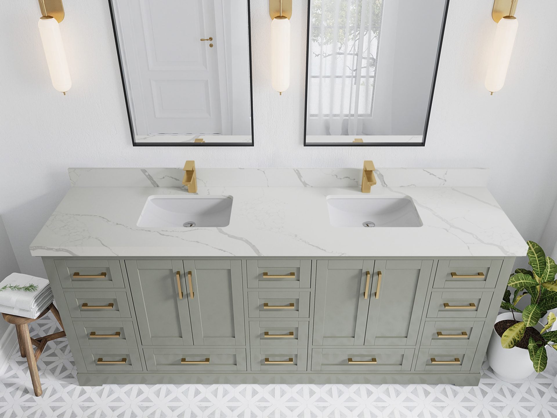 Boston 84 in. W x 22 in. D Double Sink Bathroom Vanity in Evergreen with 2 in Calacatta Laza Quartz Countertop - Top View