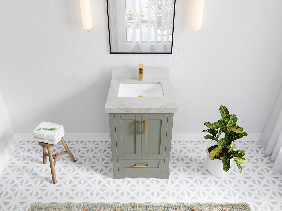 Boston 24 in. W x 22 in. D Single Sink Bathroom Vanity in Evergreen with 2 in Calacatta Nuvo Quartz Countertop - Top View