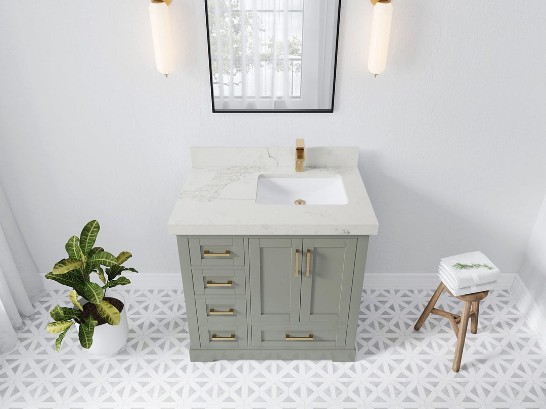 Boston 36 in. W x 22 in. D Single Sink Bathroom Vanity in Evergreen with 2 in Calacatta Nuvo Quartz Countertop - Top View