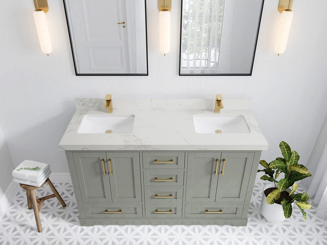 Boston 60 in. W x 22 in. D Double Sink Bathroom Vanity in Evergreen with 2 in Calacatta Nuvo Quartz Countertop - Top View