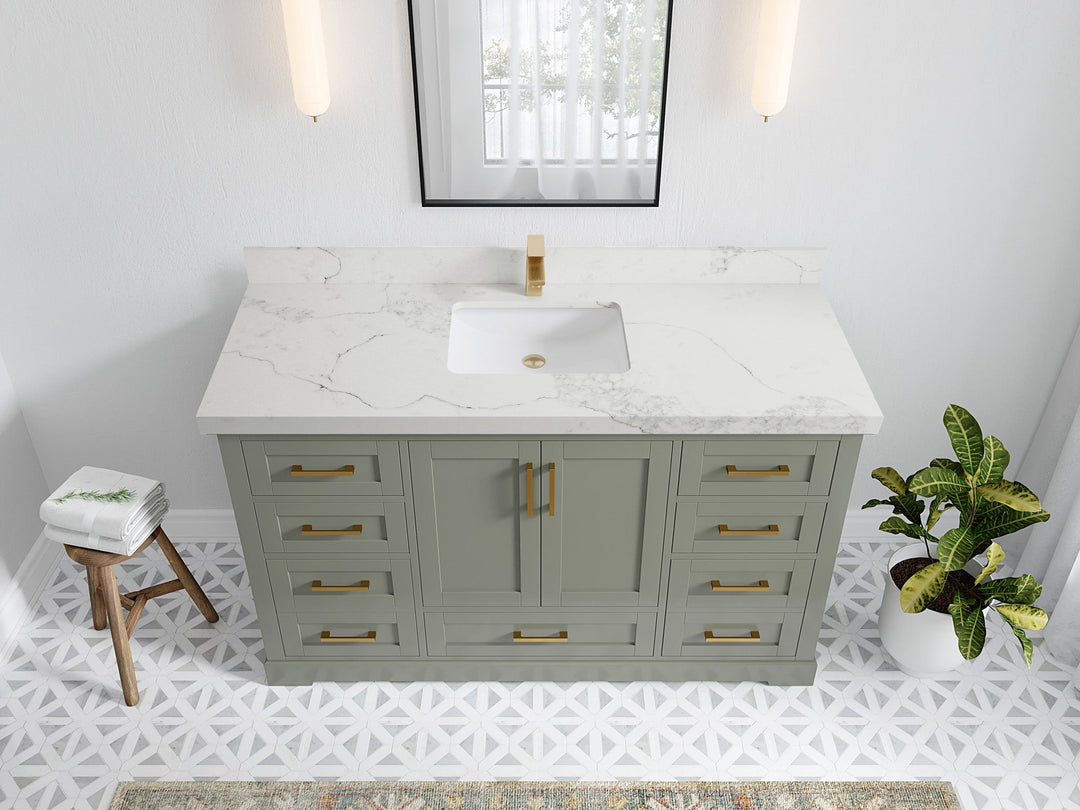 Boston 60 in. W x 22 in. D Single Sink Bathroom Vanity in Evergreen with 2 in Calacatta Nuvo Quartz Countertop - Top View