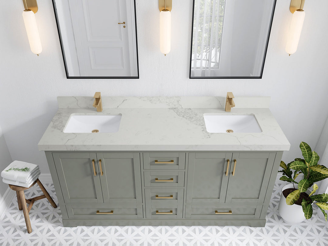 Boston 72 in. W x 22 in. D Double Sink Bathroom Vanity in Evergreen with 2 in Calacatta Nuvo Quartz Countertop - Top View
