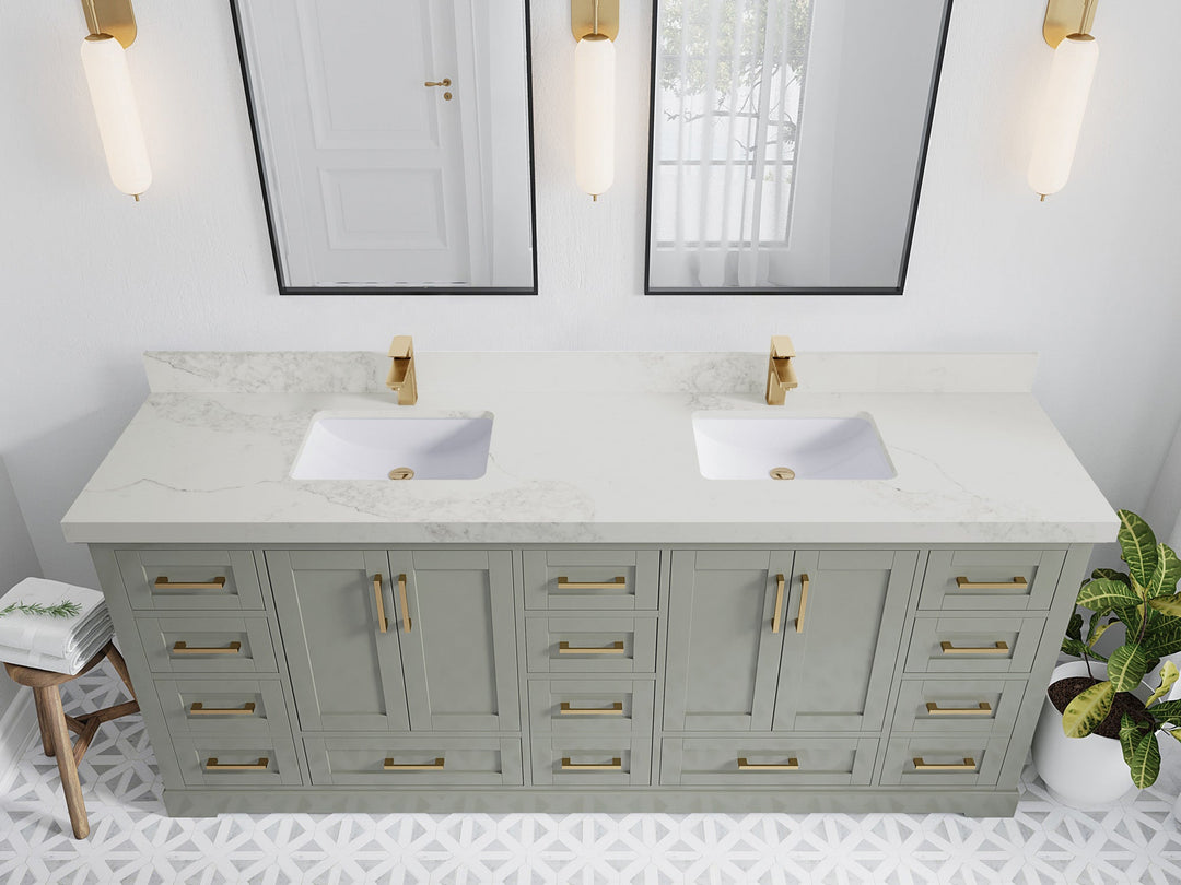 Boston 84 in. W x 22 in. D Double Sink Bathroom Vanity in Evergreen with 2 in Calacatta Nuvo Quartz Countertop - Top View
