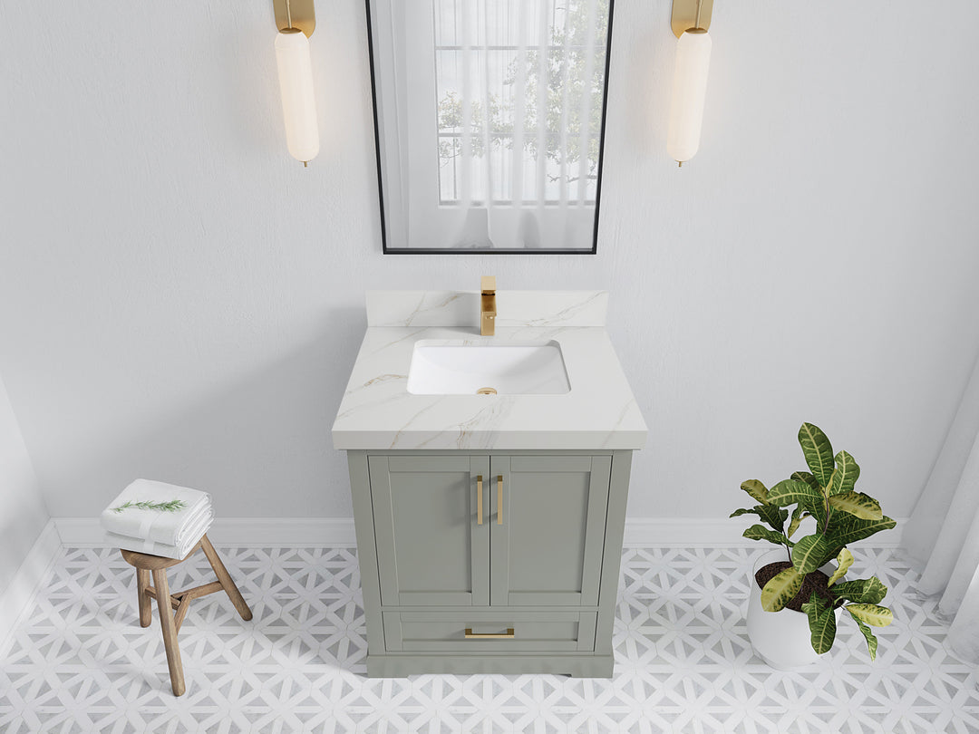 Boston 30 in. W x 22 in. D Single Sink Bathroom Vanity in Evergreen with 2 in Calacatta Sienna Quartz Countertop - Top View