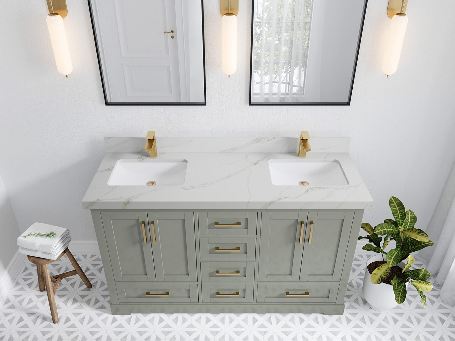 Boston 60 in. W x 22 in. D Double Sink Bathroom Vanity in Evergreen with 2 in Calacatta Sienna Quartz Countertop - Top View