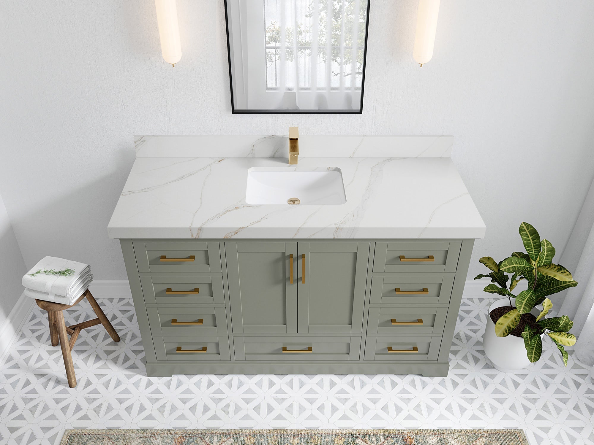 Boston 60 in. W x 22 in. D Single Sink Bathroom Vanity in Evergreen with 2 in Calacatta Sienna Quartz Countertop - Top View