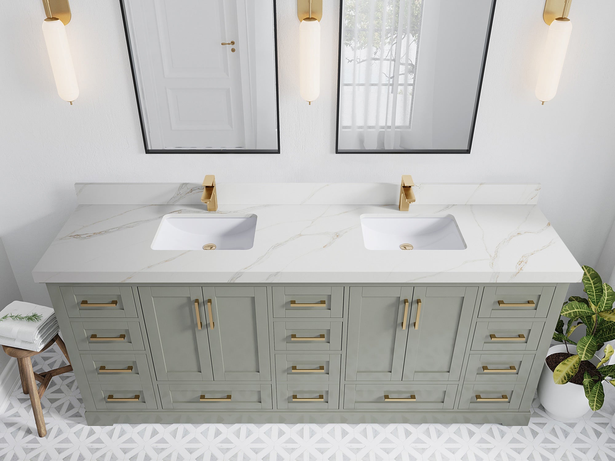 Boston 84 in. W x 22 in. D Double Sink Bathroom Vanity in Evergreen with 2 in Calacatta Sienna Quartz Countertop - Top View