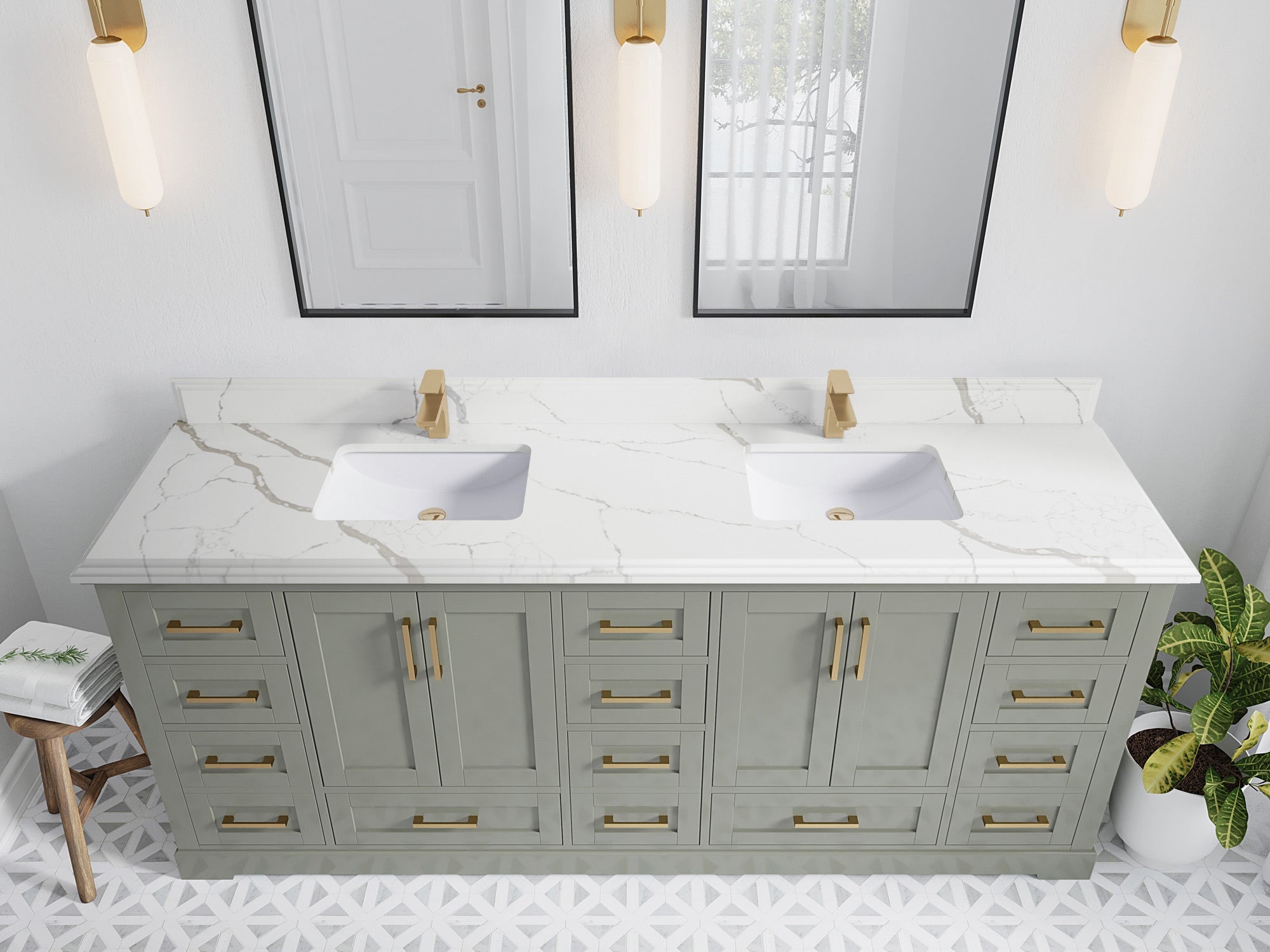 Boston 84 in. W x 22 in. D Double Sink Bathroom Vanity in Evergreen with 1.5 in Double Cove Edge Calacatta Laza Quartz Countertop - Top View