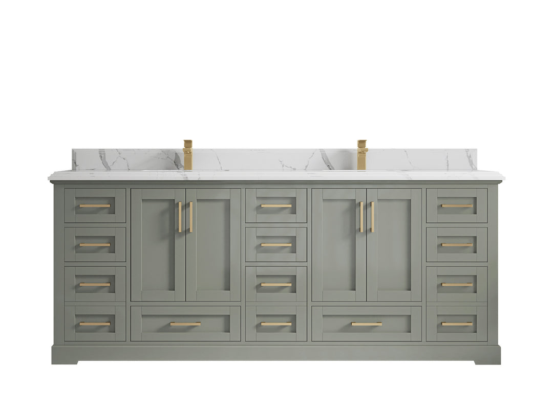 Boston 84 in. W x 22 in. D Double Sink Bathroom Vanity in Evergreen with 1.5 in Double Cove Edge Calacatta Laza Quartz Countertop