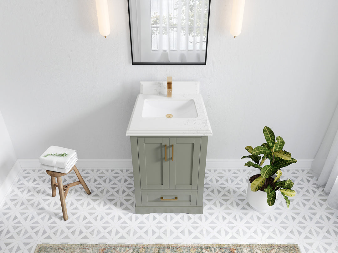Boston 24 in. W x 22 in. D Single Sink Bathroom Vanity in Evergreen with 1.5 in Double Cove Edge Empira White Quartz Countertop - Top View