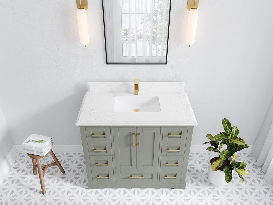 Boston 42 in. W x 22 in. D Single Sink Bathroom Vanity in Evergreen with 1.5 in Double Cove Edge Empira White Quartz Countertop - Top View
