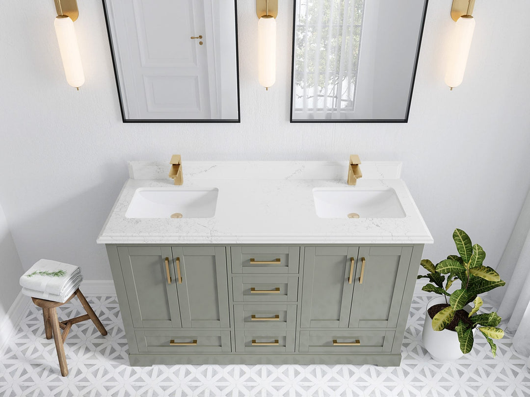 Boston 60 in. W x 22 in. D Double Sink Bathroom Vanity in Evergreen with 1.5 in Double Cove Edge Empira White Quartz Countertop - Top View