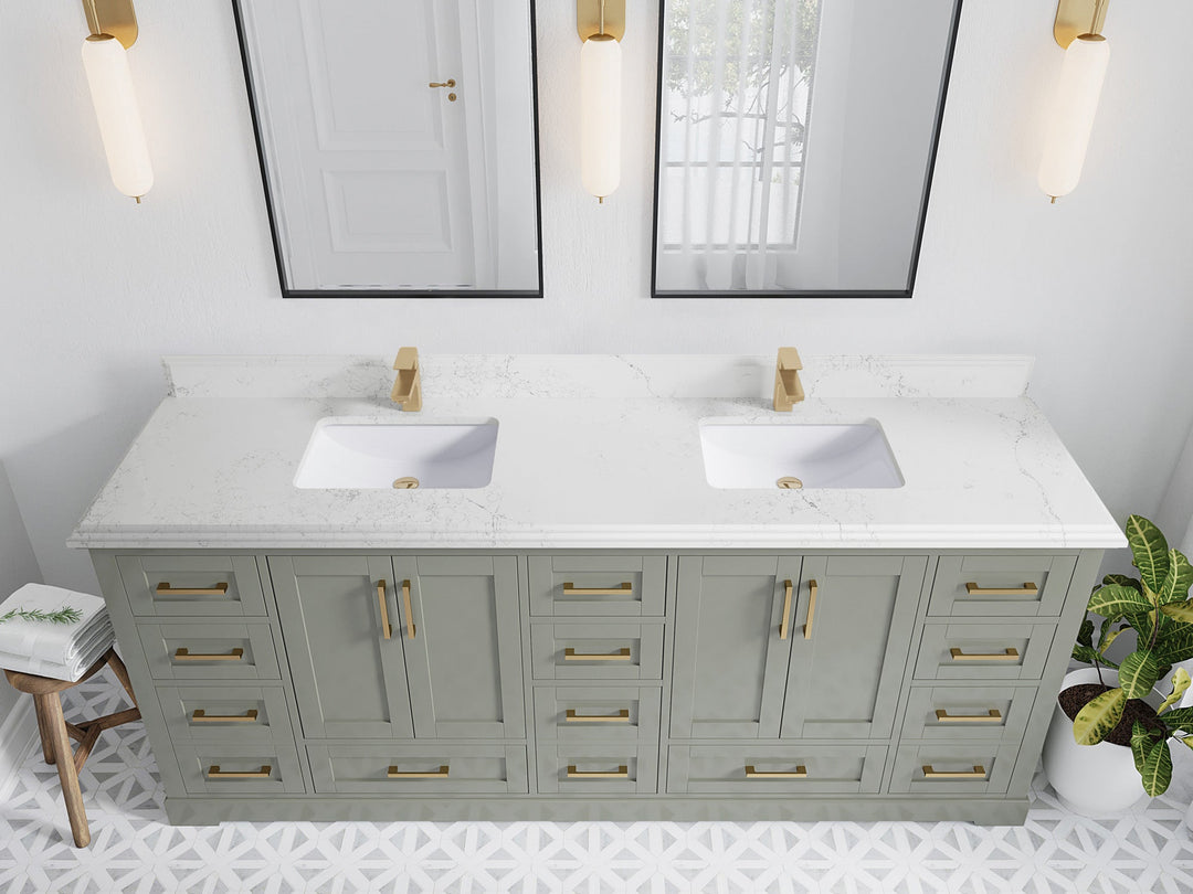 Boston 84 in. W x 22 in. D Double Sink Bathroom Vanity in Evergreen with 1.5 in Double Cove Edge Empira White Quartz Countertop - Top View