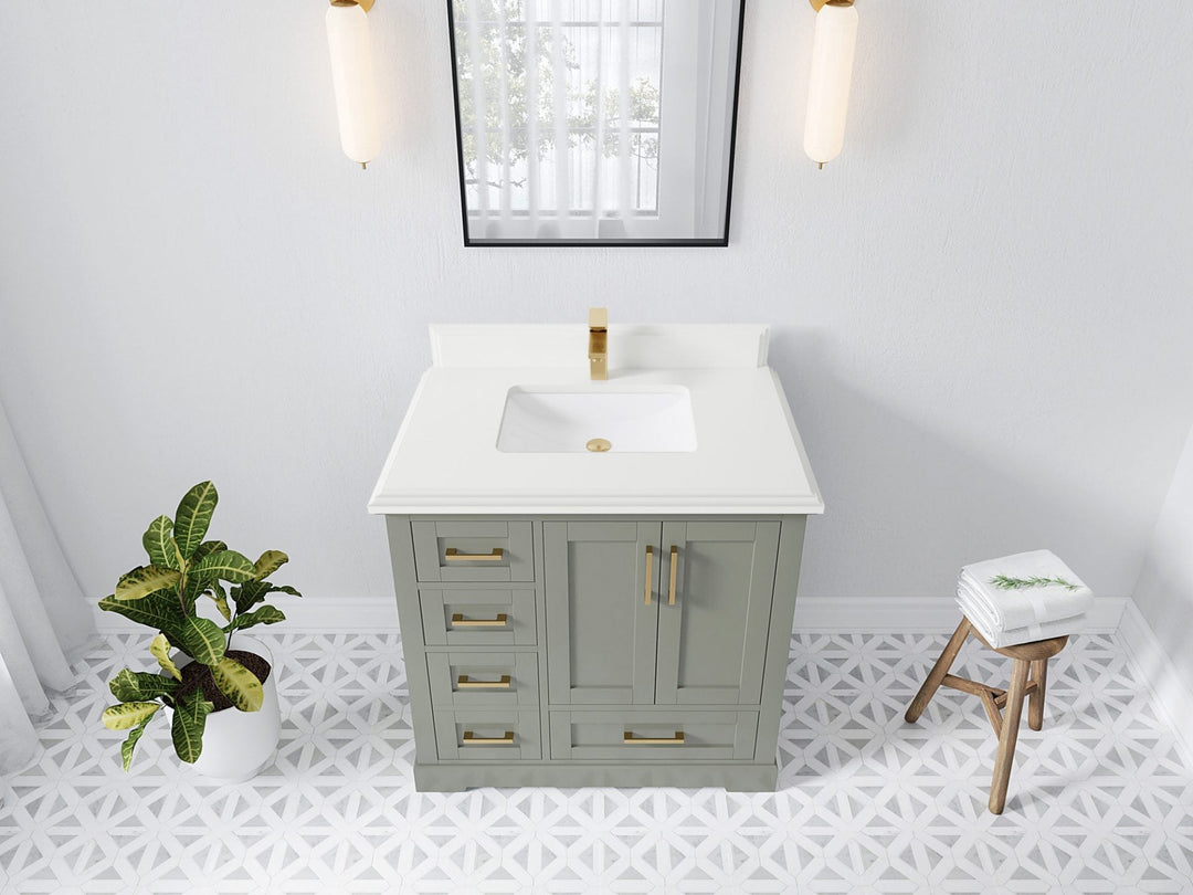 Boston 36 in. W x 22 in. D Single Sink Bathroom Vanity in Evergreen with 1.5 in Double Cove Edge White Quartz Countertop - Top View