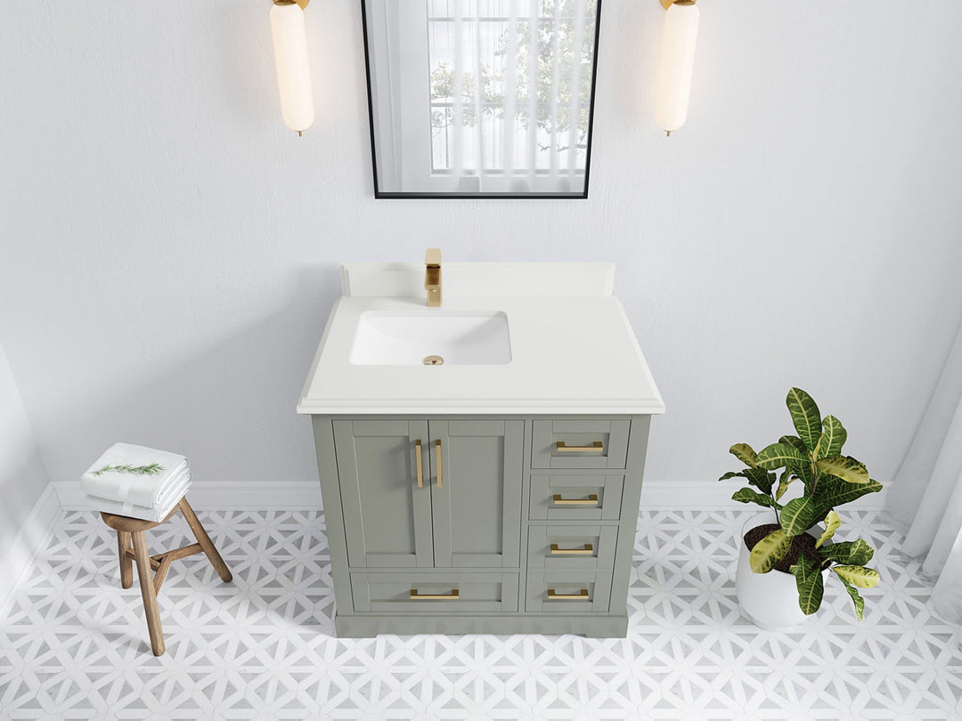 Boston 36 in. W x 22 in. D Single Sink Bathroom Vanity in Evergreen with 1.5 in Double Cove Edge White Quartz Countertop - Top View
