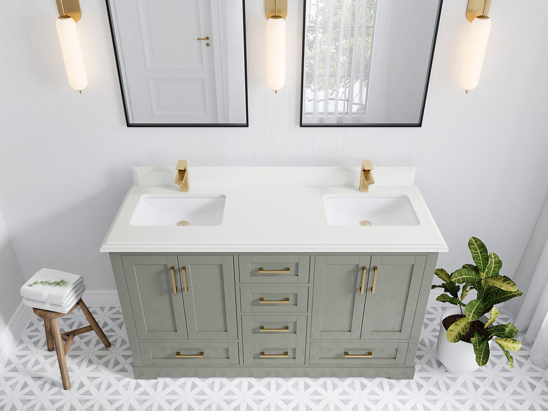 Boston 60 in. W x 22 in. D Double Sink Bathroom Vanity in Evergreen with 1.5 in Double Cove Edge White Quartz Countertop - Top View