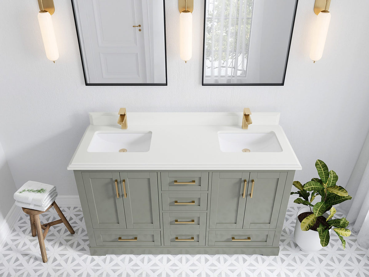 Boston 60 in. W x 22 in. D Double Sink Bathroom Vanity in Evergreen with 1.5 in Double Cove Edge White Quartz Countertop - Top View