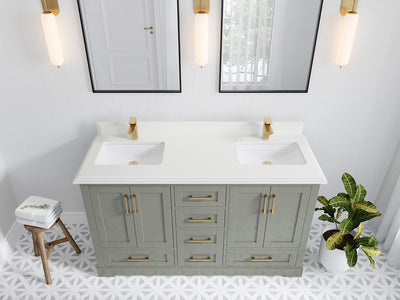 Boston 60 in. W x 22 in. D Double Sink Bathroom Vanity in Evergreen with 1.5 in Double Cove Edge White Quartz Countertop - Top View