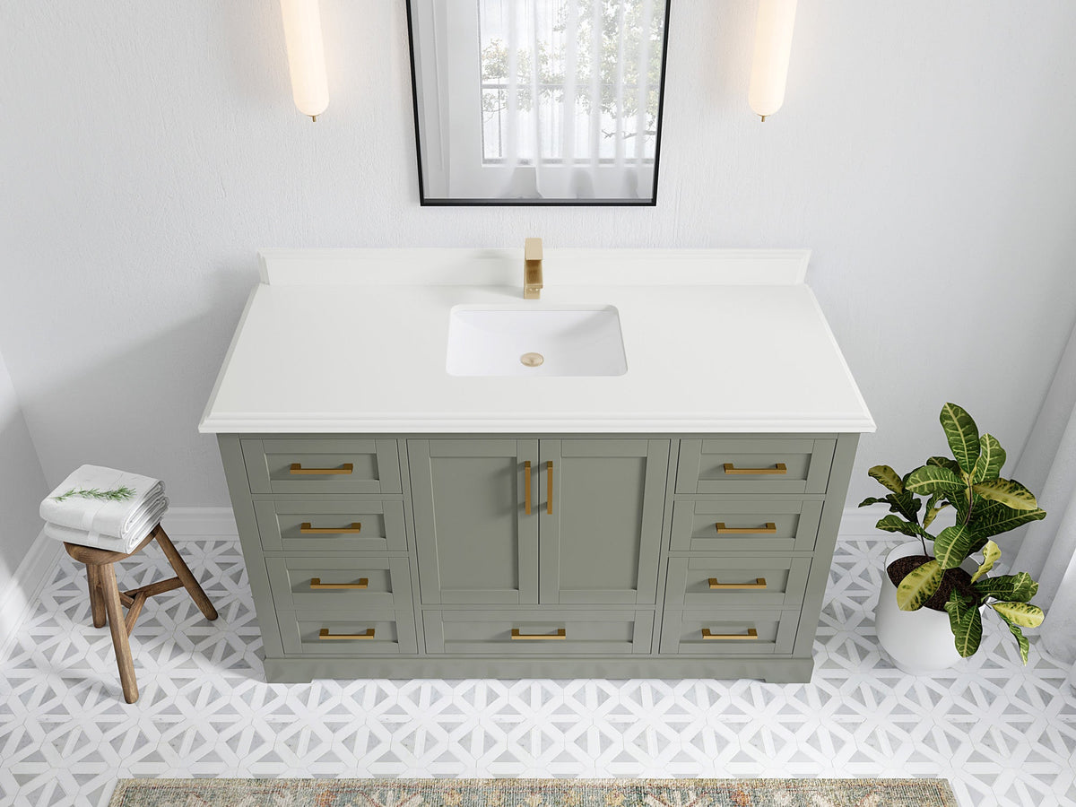 Boston 60 in. W x 22 in. D Single Sink Bathroom Vanity in Evergreen with 1.5 in Double Cove Edge White Quartz Countertop - Top View