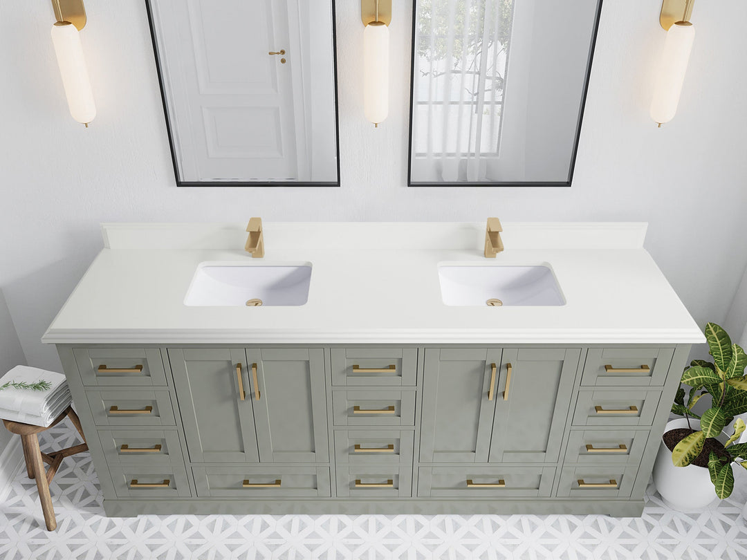 Boston 84 in. W x 22 in. D Double Sink Bathroom Vanity in Evergreen with 1.5 in Double Cove Edge White Quartz Countertop - Top View