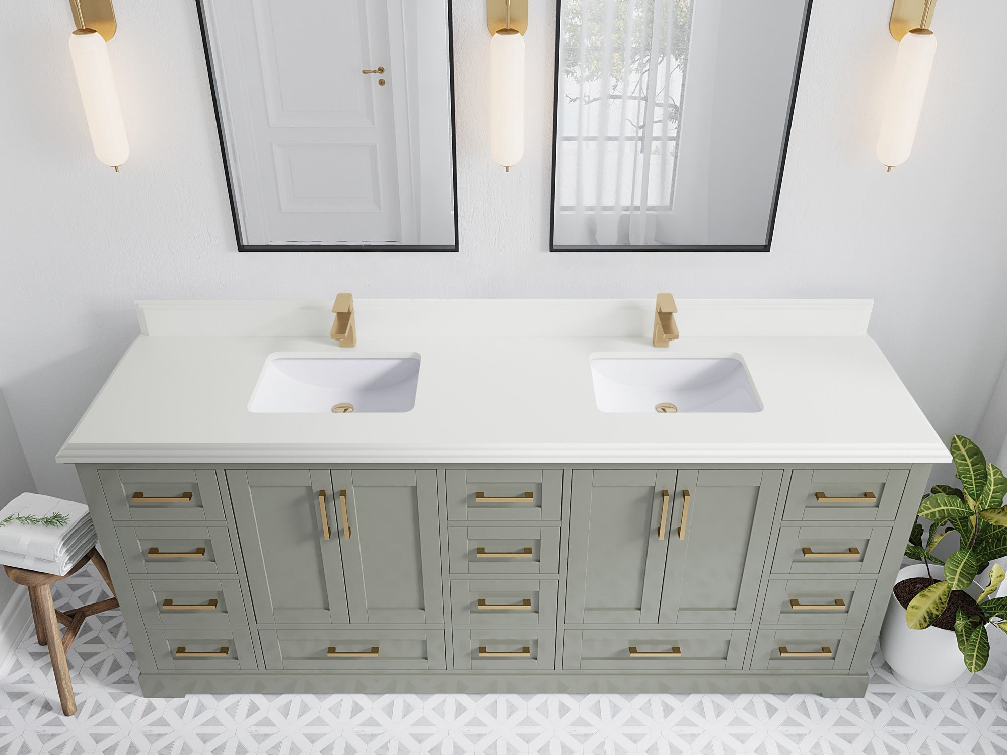 Boston 84 in. W x 22 in. D Double Sink Bathroom Vanity in Evergreen with 1.5 in Double Cove Edge White Quartz Countertop - Top View