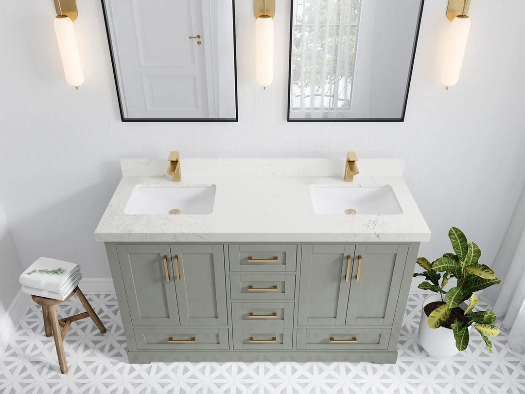 Boston 60 in. W x 22 in. D Double Sink Bathroom Vanity in Evergreen with 2 in Empira White Quartz Countertop - Top View