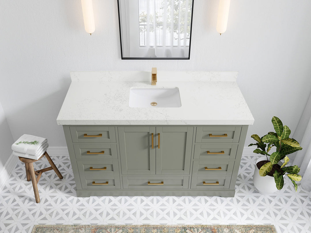 Boston 60 in. W x 22 in. D Single Sink Bathroom Vanity in Evergreen with 2 in Empira White Quartz Countertop - Top View