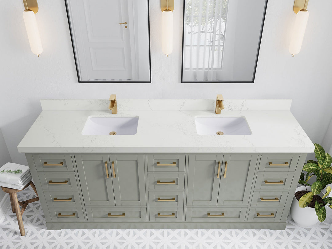 Boston 84 in. W x 22 in. D Double Sink Bathroom Vanity in Evergreen with 2 in Empira White Quartz Countertop - Top View