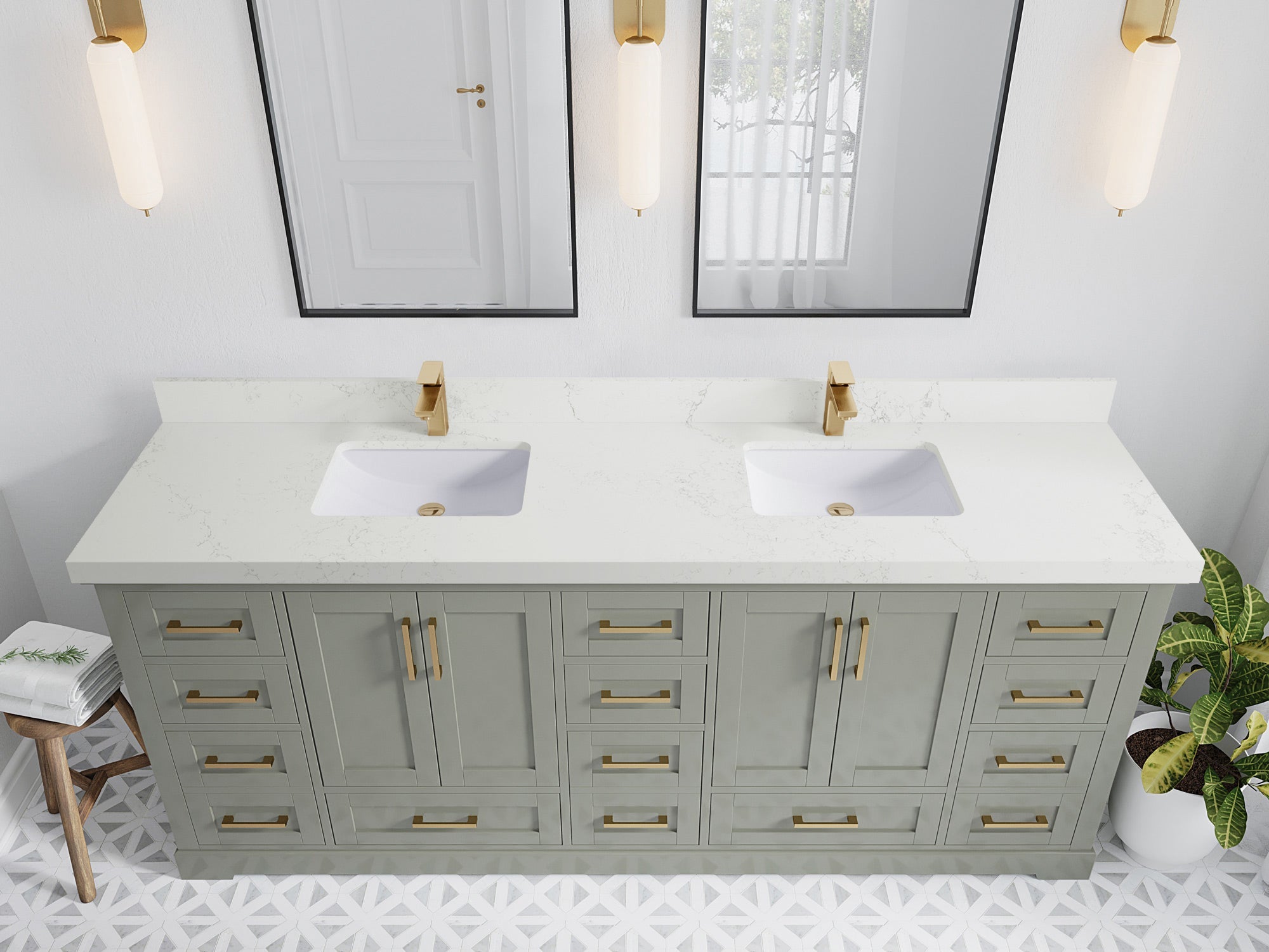 Boston 84 in. W x 22 in. D Double Sink Bathroom Vanity in Evergreen with 2 in Empira White Quartz Countertop - Top View