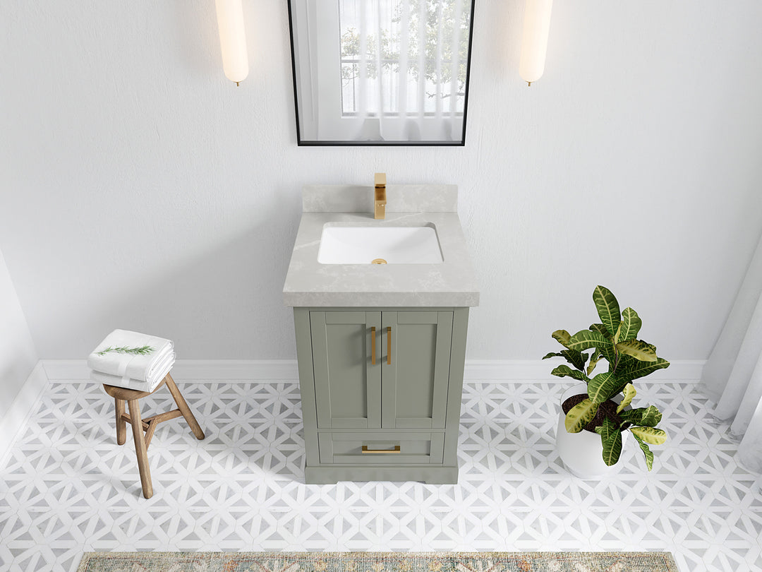 Boston 24 in. W x 22 in. D Single Sink Bathroom Vanity in Evergreen with 2 in Pearl Light Gray Quartz Countertop - Top View