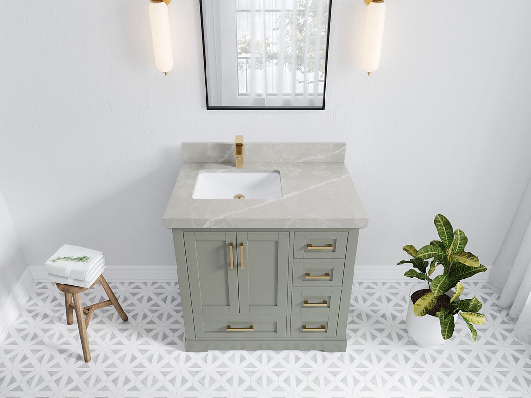 Boston 36 in. W x 22 in. D Single Sink Bathroom Vanity in Evergreen with 2 in Pearl Light Gray Quartz Countertop - Top View