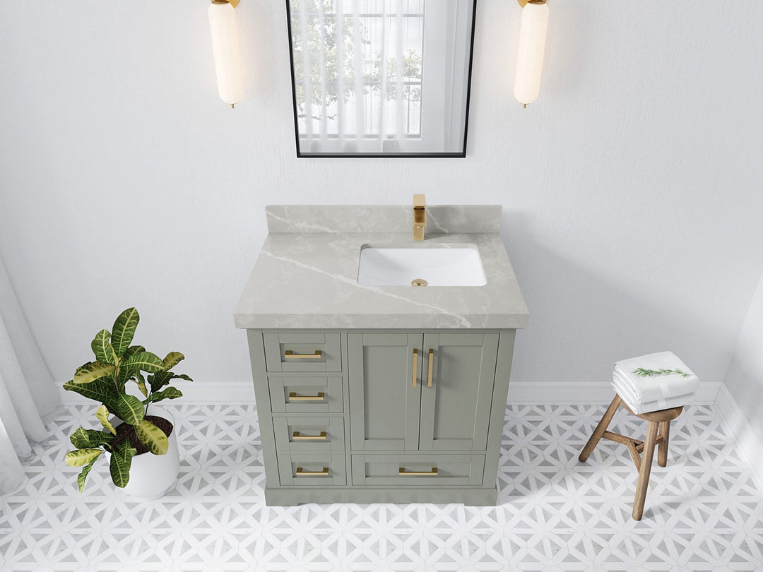 Boston 36 in. W x 22 in. D Single Sink Bathroom Vanity in Evergreen with 2 in Pearl Light Gray Quartz Countertop - Top View