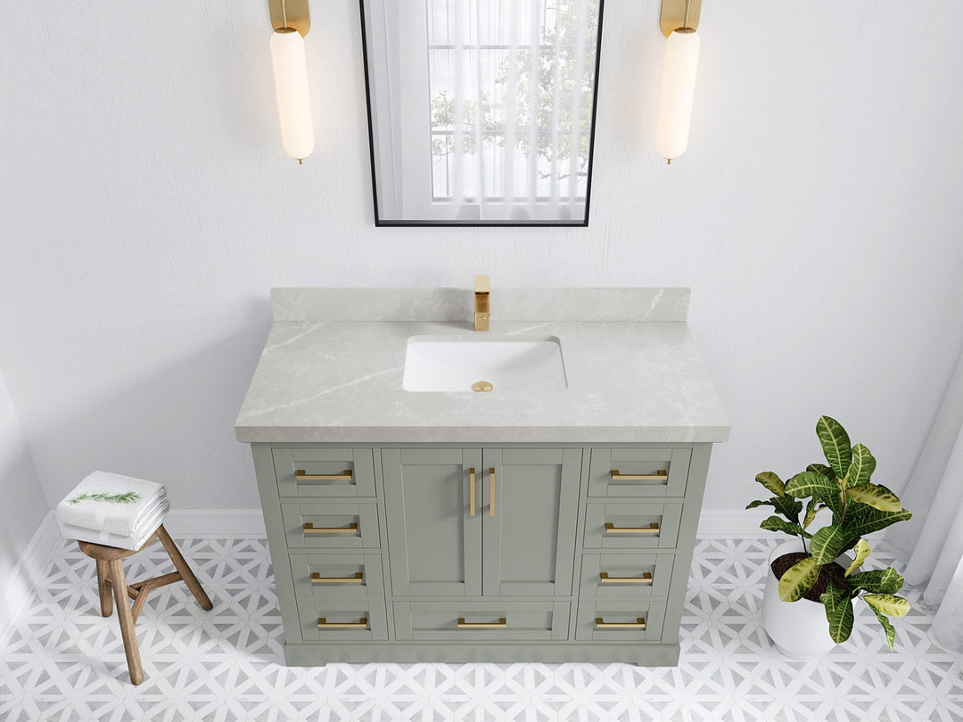 Boston 48 in. W x 22 in. D Single Sink Bathroom Vanity in Evergreen with 2 in Pearl Light Gray Quartz Countertop - Top View
