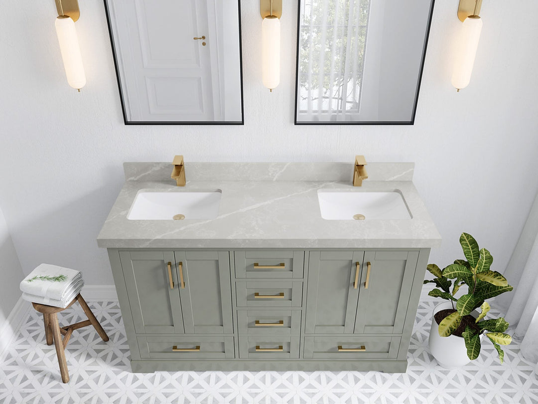 Boston 60 in. W x 22 in. D Double Sink Bathroom Vanity in Evergreen with 2 in Pearl Light Gray Quartz Countertop - Top View