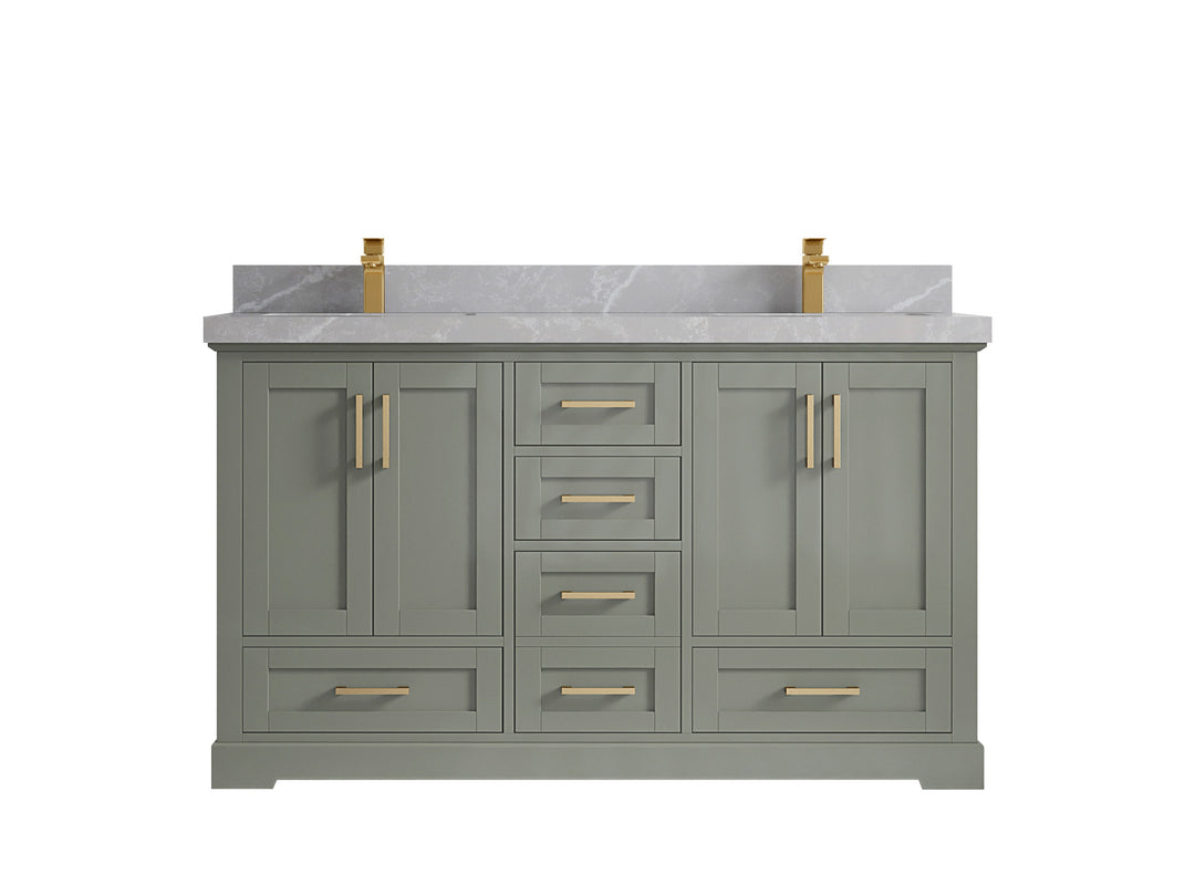 Boston 60 in. W x 22 in. D Double Sink Bathroom Vanity in Evergreen with 2 in Pearl Light Gray Quartz Countertop