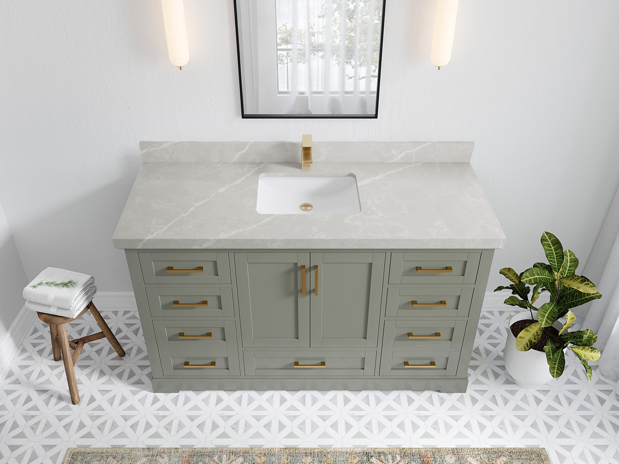 Boston 60 in. W x 22 in. D Single Sink Bathroom Vanity in Evergreen with 2 in Pearl Light Gray Quartz Countertop - Top View