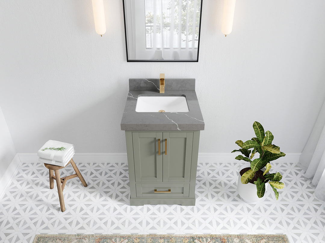 Boston 24 in. W x 22 in. D Single Sink Bathroom Vanity in Evergreen with 2 in Piatra Gray Quartz Countertop - Top View