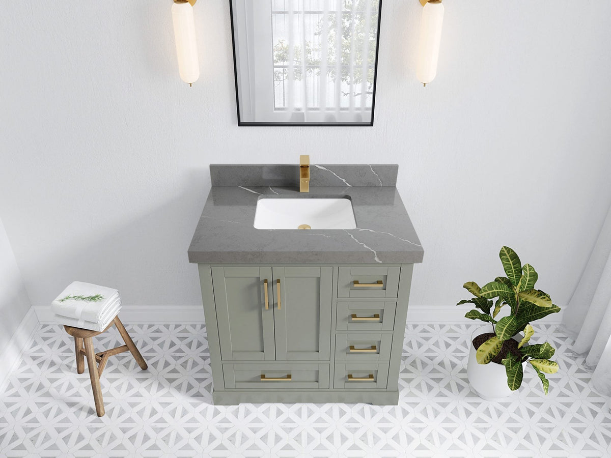 Boston 36 in. W x 22 in. D Single Sink Bathroom Vanity in Evergreen with 2 in Piatra Gray Quartz Countertop - Top View