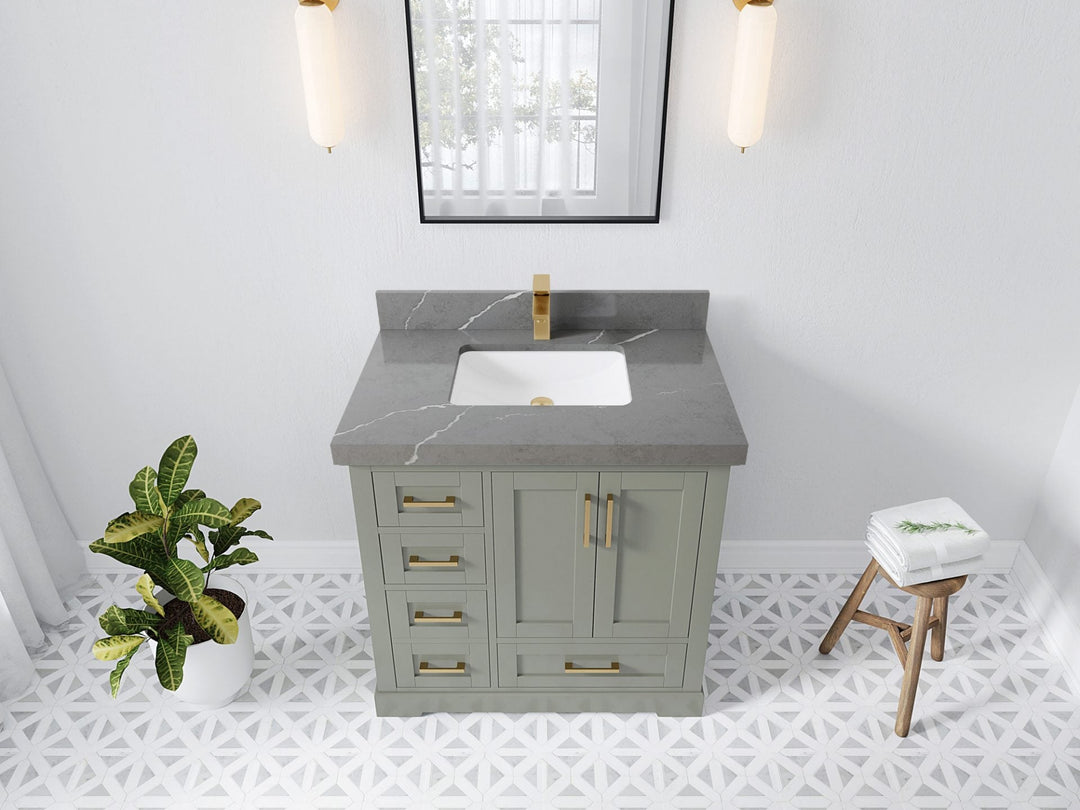 Boston 36 in. W x 22 in. D Single Sink Bathroom Vanity in Evergreen with 2 in Piatra Gray Quartz Countertop - Top View