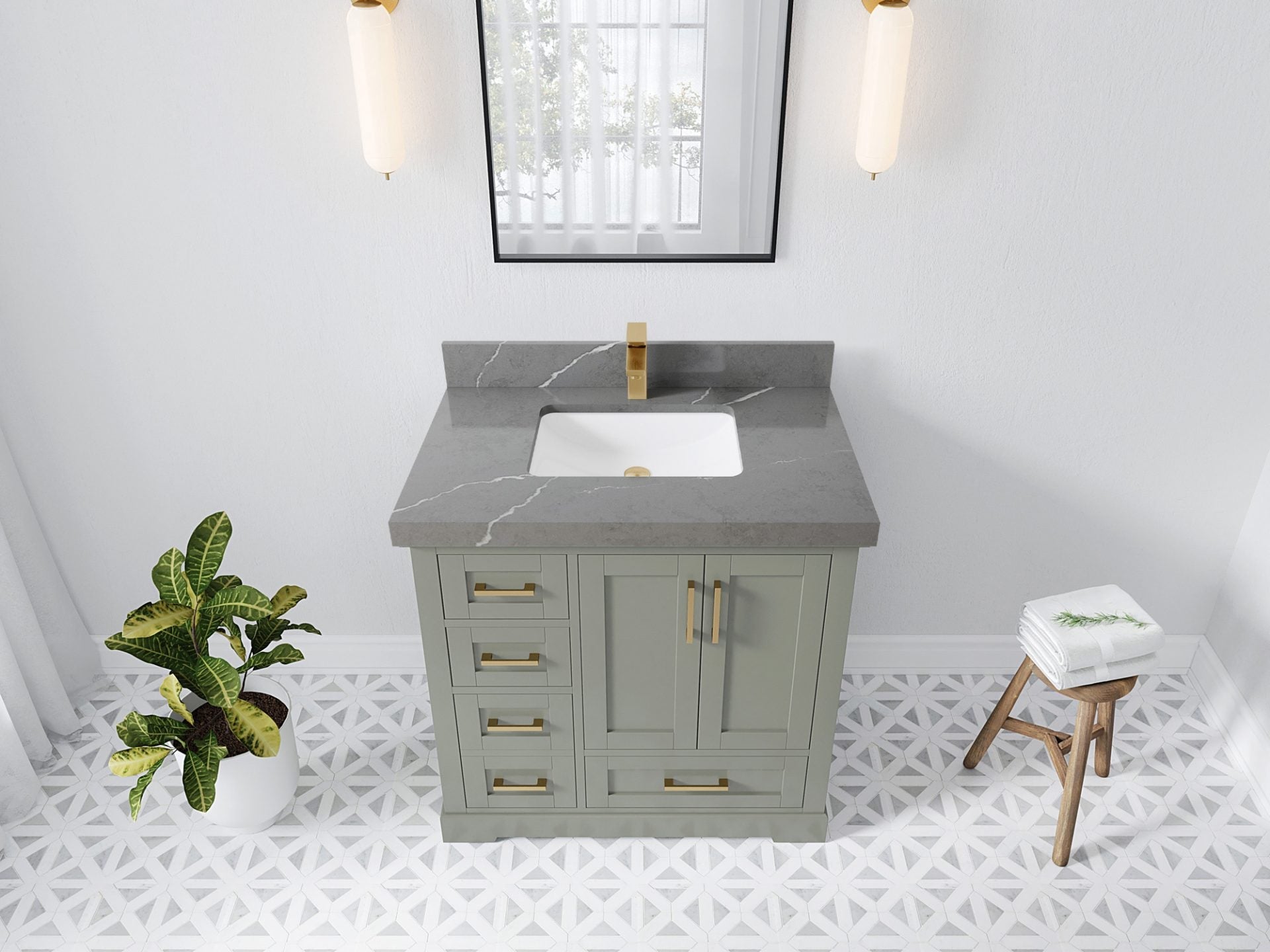 Boston 36 in. W x 22 in. D Single Sink Bathroom Vanity in Evergreen with 2 in Piatra Gray Quartz Countertop - Top View