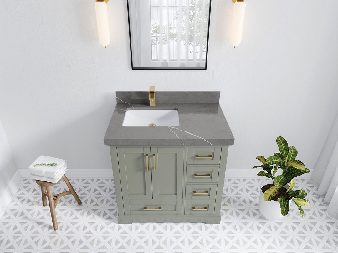 Boston 36 in. W x 22 in. D Single Sink Bathroom Vanity in Evergreen with 2 in Piatra Gray Quartz Countertop - Top View