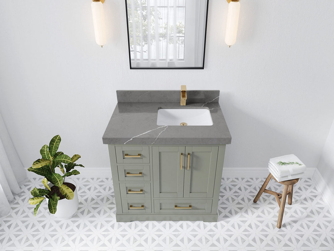 Boston 36 in. W x 22 in. D Single Sink Bathroom Vanity in Evergreen with 2 in Piatra Gray Quartz Countertop - Top View